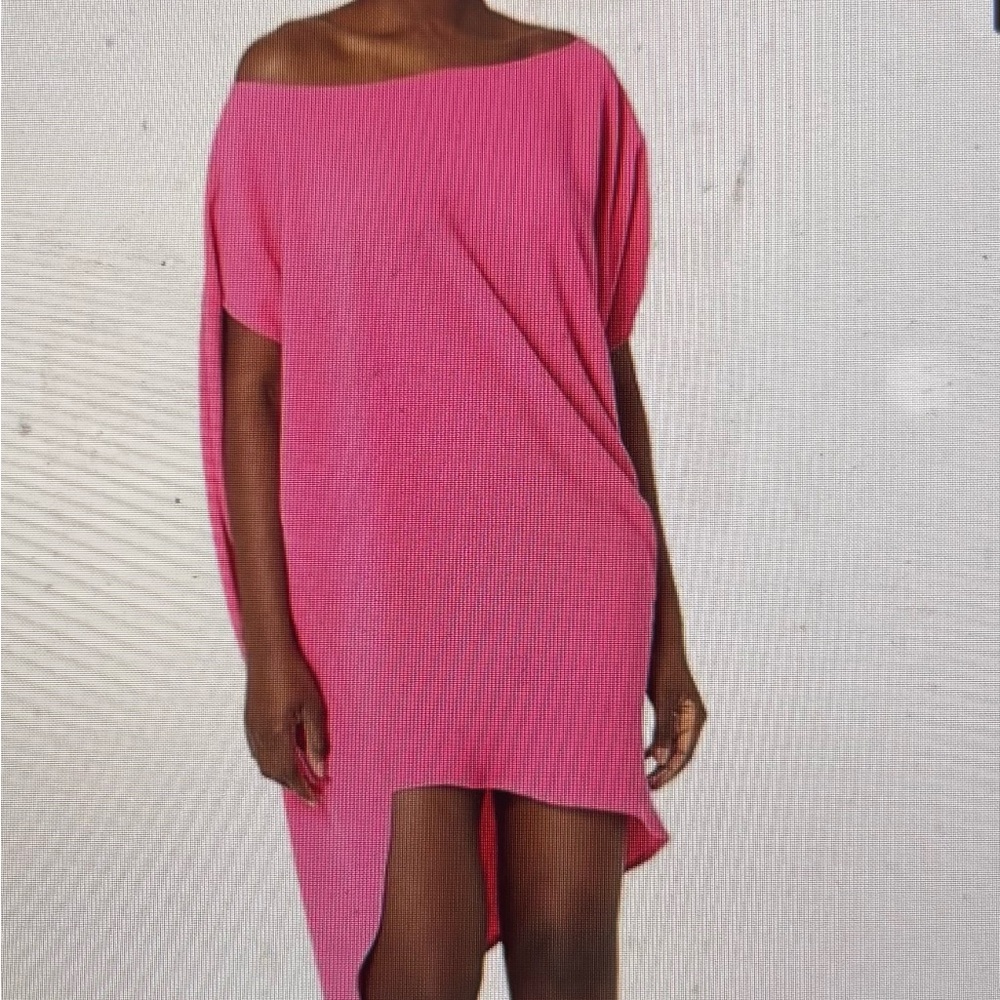 Vibrant Pink Asymmetrical Trina Turk Off the Shoulder Dress NWT - Picture 2 of 5
